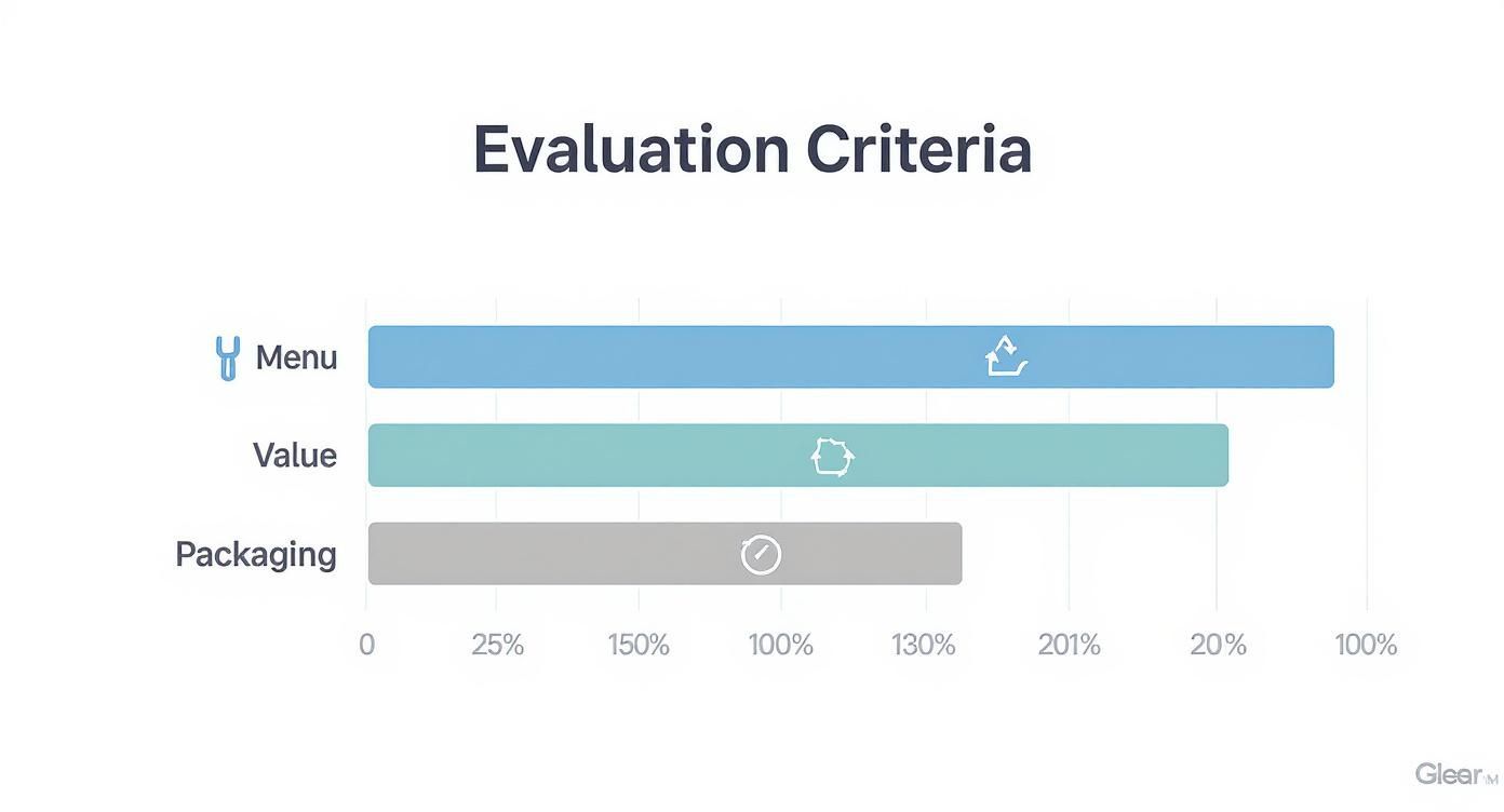 Horizontal bar chart showing evaluation criteria with Menu, Value, and Packaging performance metrics displayed