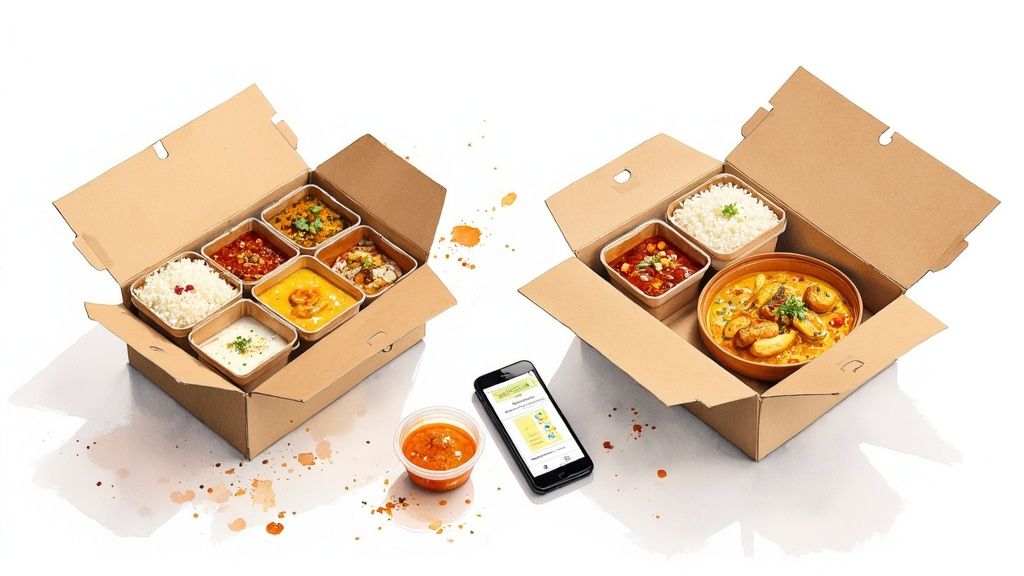A collection of ready-to-eat Indian meals in containers, showcasing variety and convenience.