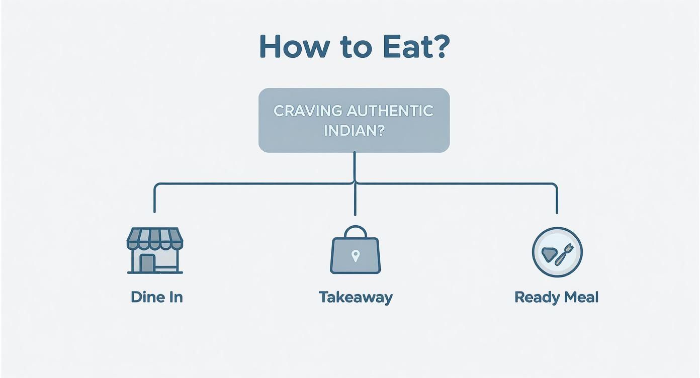 Infographic decision tree showing choices for eating authentic Indian food near me