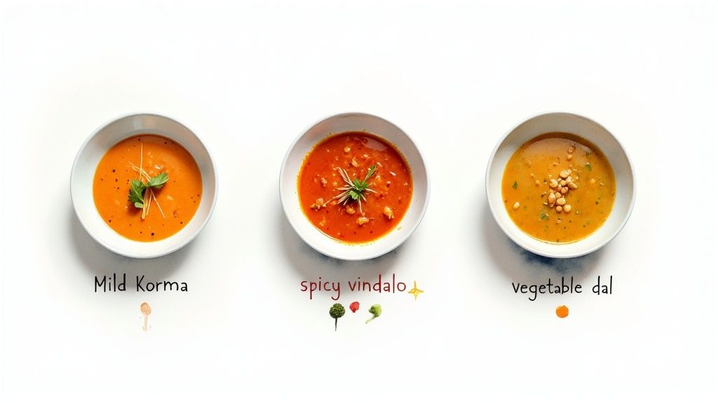 Three bowls of vibrant Indian curries: Mild Korma, Spicy Vindaloo, and Vegetable Dal.