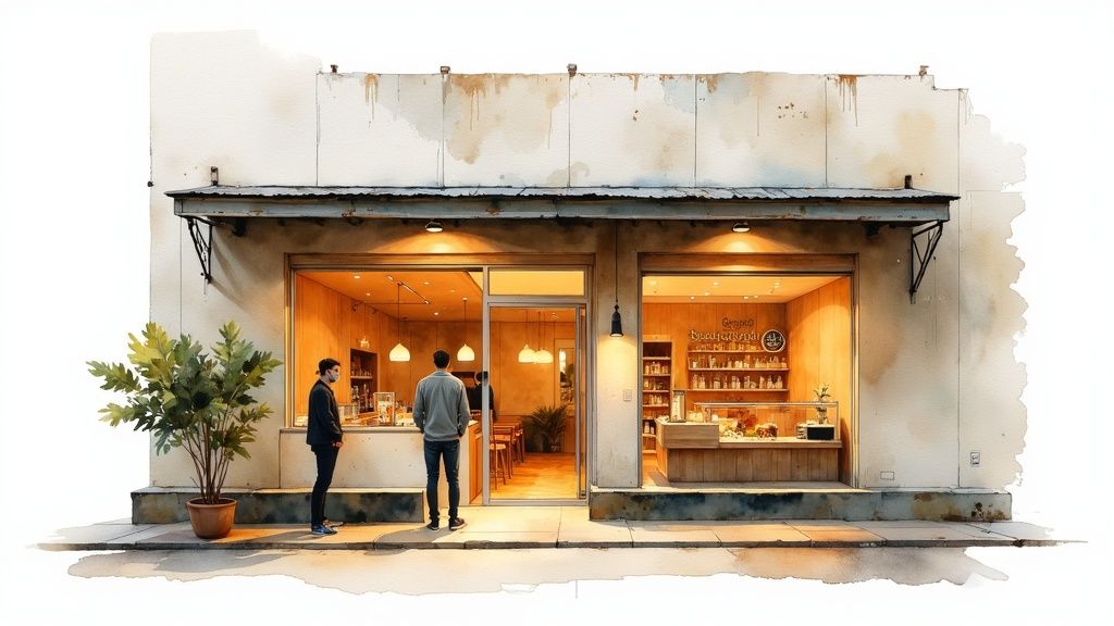 Watercolor illustration of a cozy storefront with two men, one outside and one inside, under an awning.