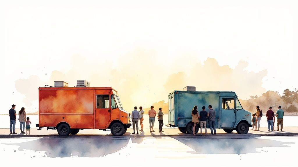 People enjoying food from a food truck in Parramatta at an evening event.