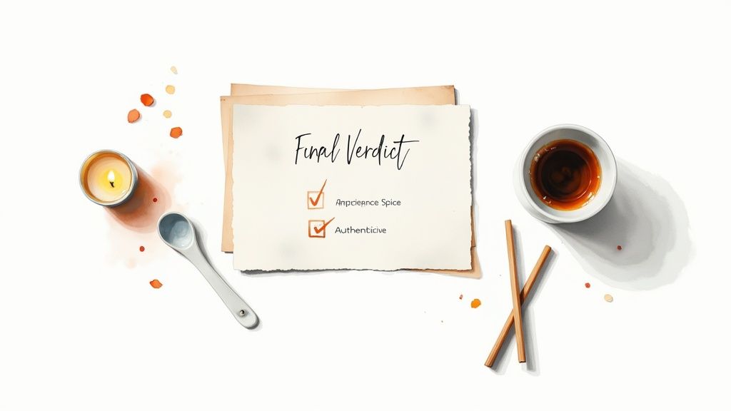 A well-presented dish from Spice Temple featuring vibrant red chillies and fresh green garnishes in a dark bowl, sitting on a wooden table.