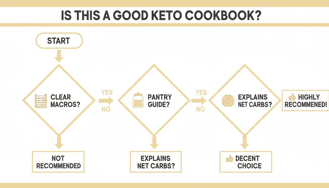 A flowchart evaluating keto cookbooks based on clear macros, a pantry guide, and net carb explanations.