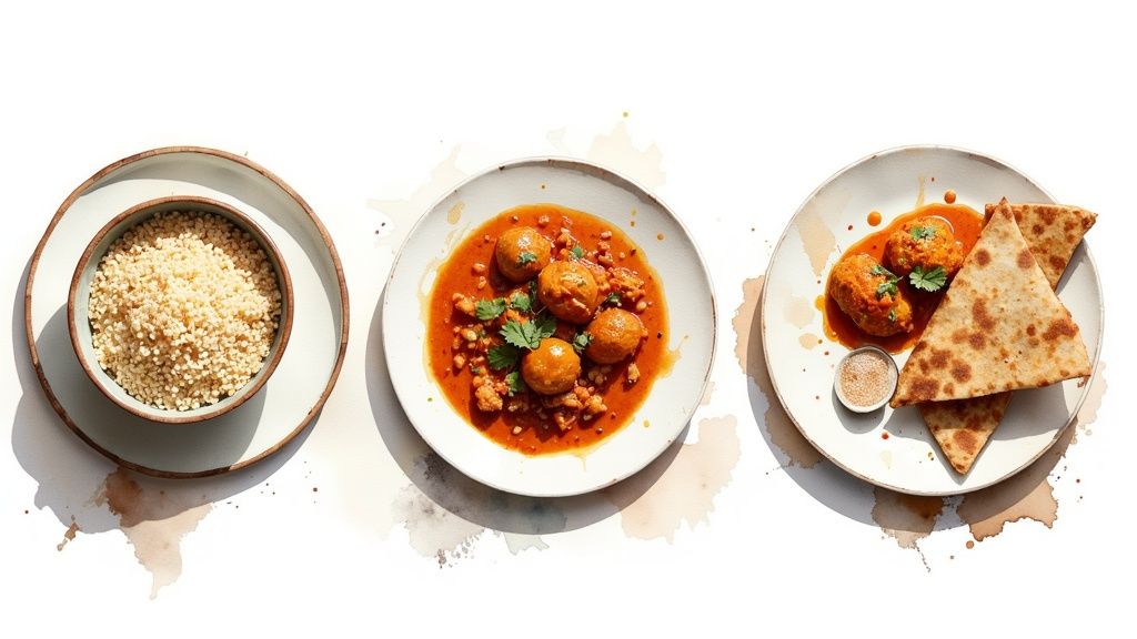 Three plates displaying gluten free Indian dishes with quinoa, curry, and flatbread on white background