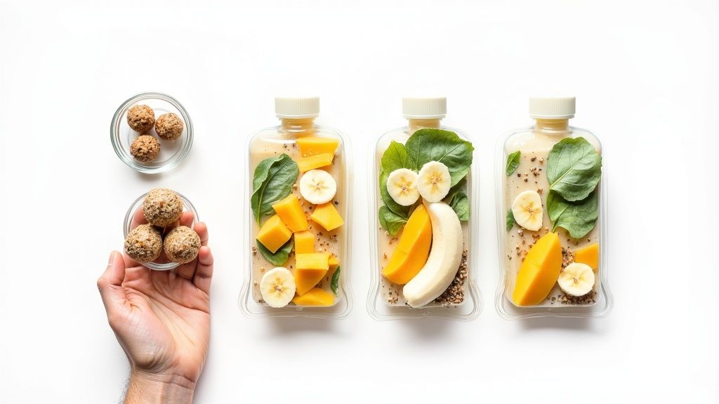 Healthy vegan meal prep with smoothie bottles containing fresh fruits, greens, and energy balls