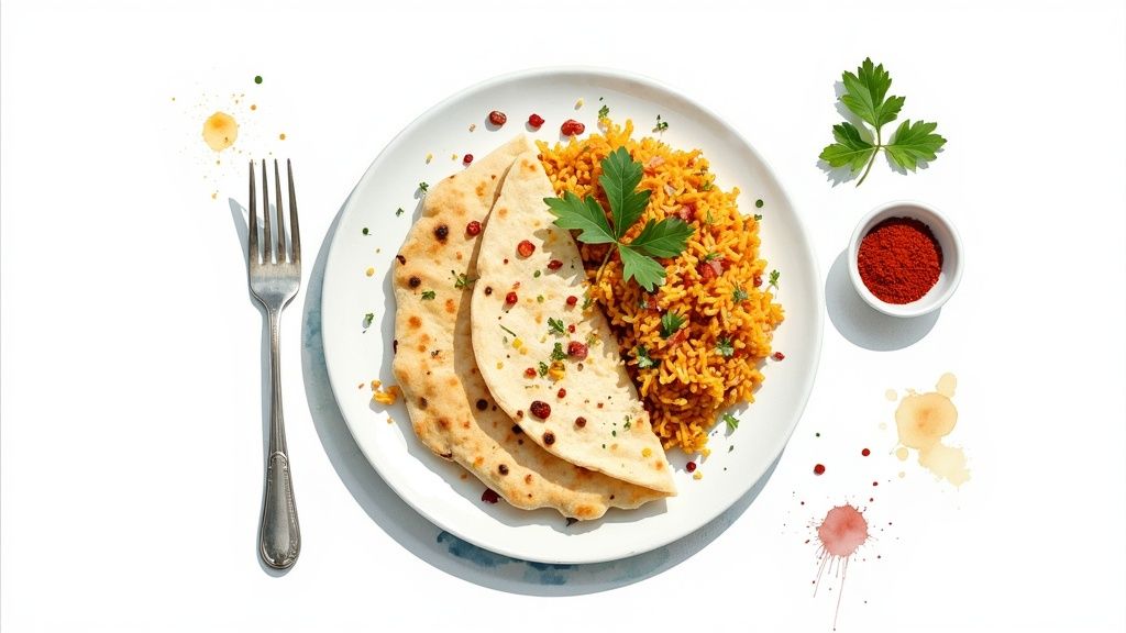 Overhead view of a vibrant Indian meal with spiced rice, flatbreads, and a fork on white.