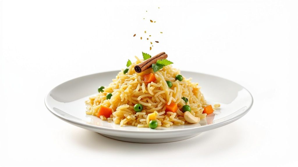 A delicious plate of vegetable pilaf rice with peas, carrots, cashews, cinnamon, and mint.