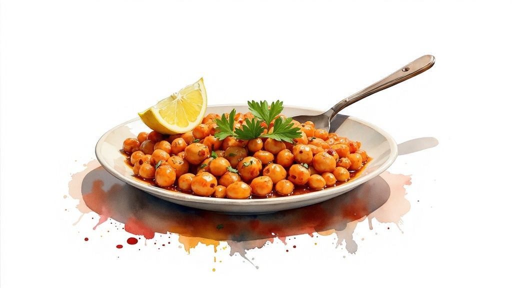 A white plate of spiced chickpeas garnished with a lemon wedge and fresh parsley, with a spoon.