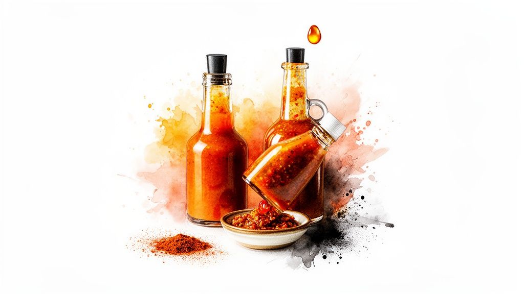 Bottles of fiery hot sauce, chili powder, and a floating drop against a vibrant watercolor background.