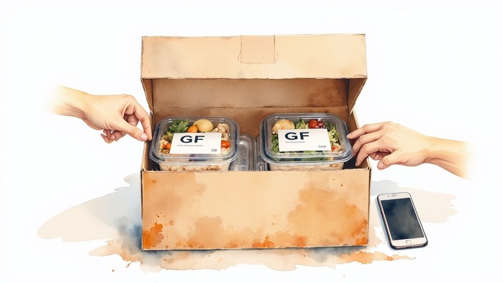 A person unpacking a gluten-free meal delivery box on a kitchen counter