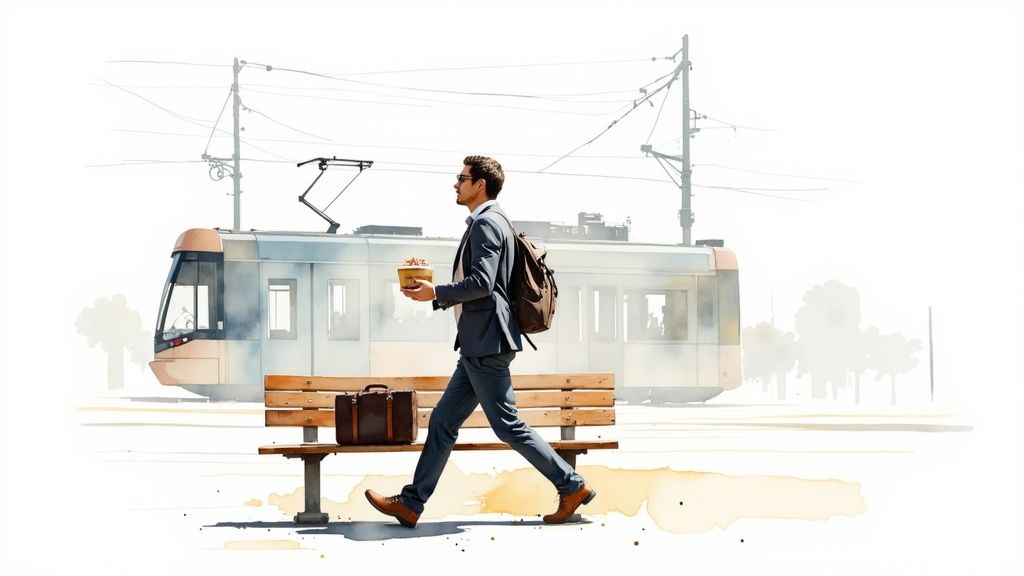 A man in a suit walks past a tram, holding a food container, with a briefcase on a bench.