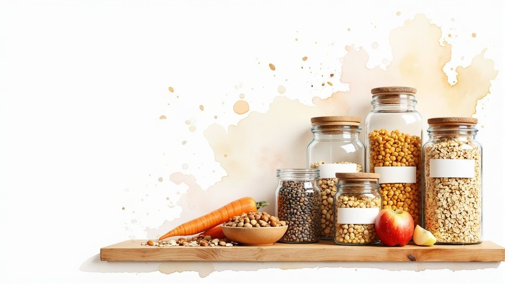 Assortment of healthy whole foods in glass jars and fresh produce on a wooden shelf.