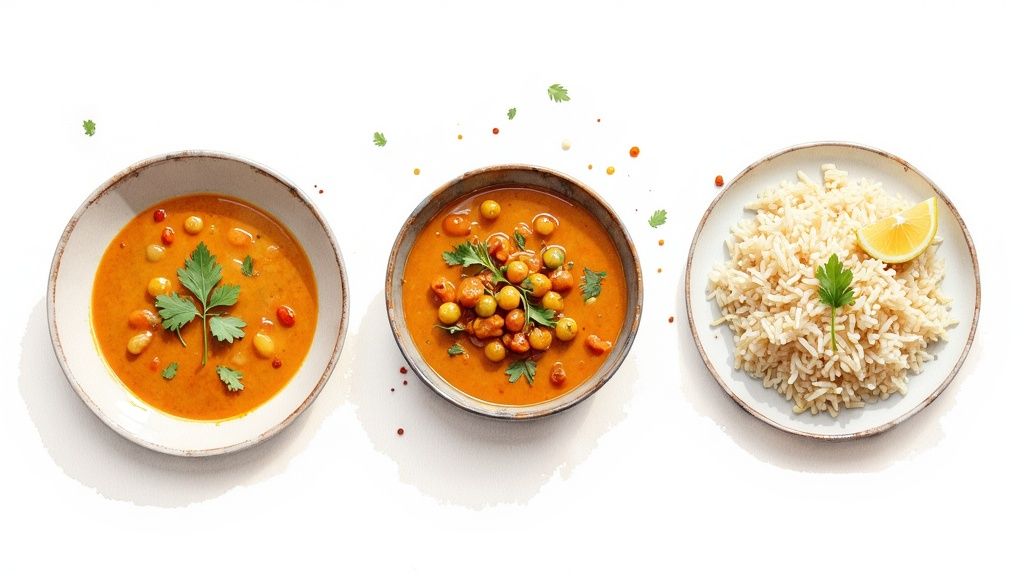 A beautiful spread of vegetarian Indian dishes, including paneer curry, dal, and colourful vegetable sides, arranged on a wooden table.