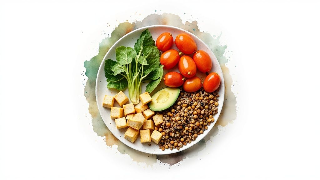 A vibrant plant-based meal with tofu, tomatoes, avocado, greens, and mixed grains on a white plate.