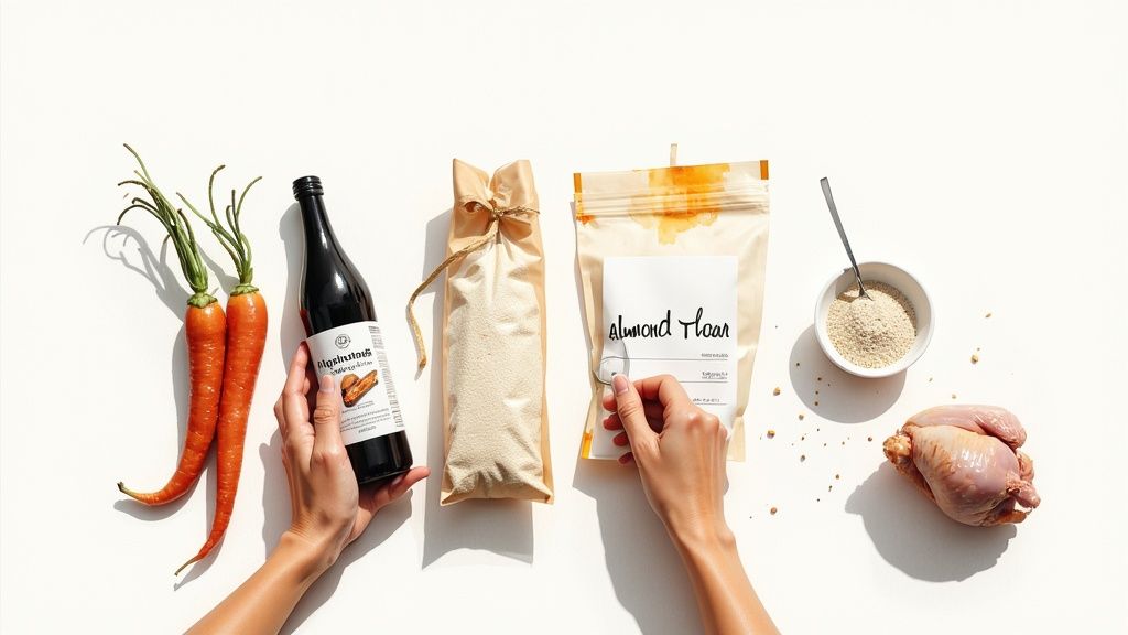 Overhead view of fresh carrots, a bottle, almond flour, and raw chicken for a gluten-free meal.