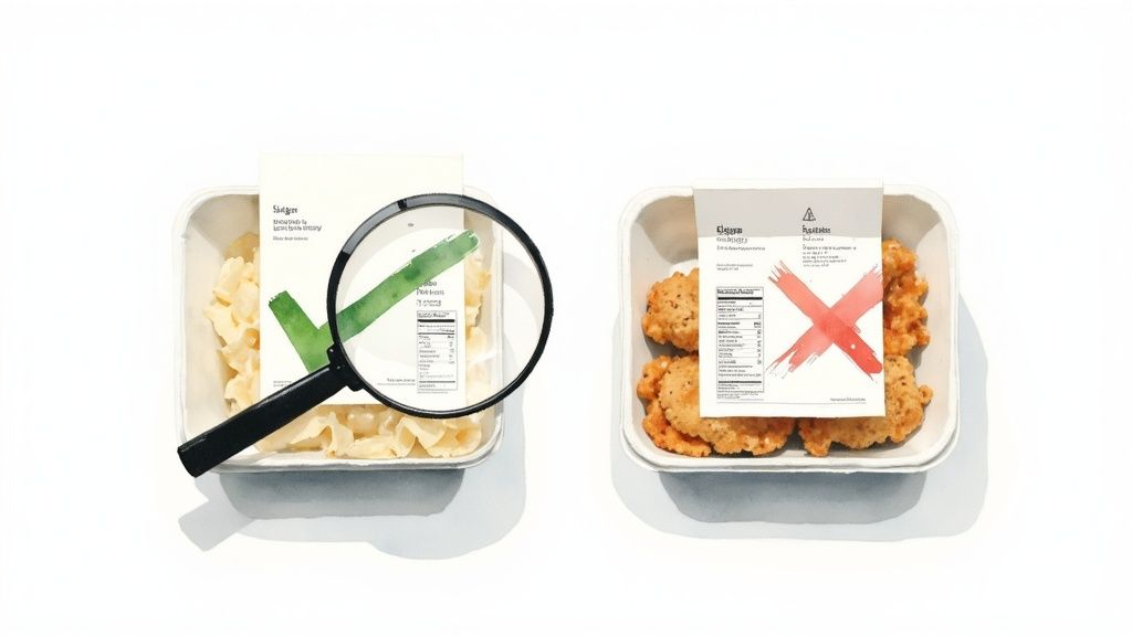 A magnifying glass highlights the nutritional facts of a healthy ready meal, contrasting an unhealthy option.
