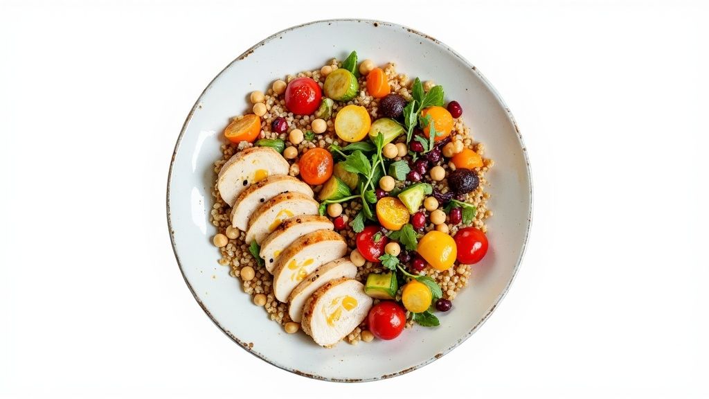 Overhead view of a delicious and balanced chicken and grain bowl with fresh vegetables.