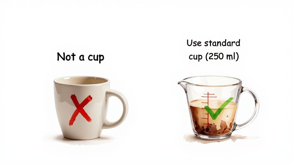 Image differentiating an ordinary mug (not a cup) from a 250 ml standard measuring cup.
