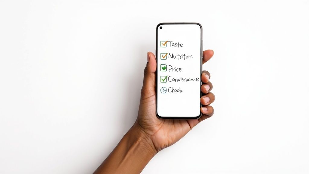 Woman checking a ready meal label in a kitchen.
