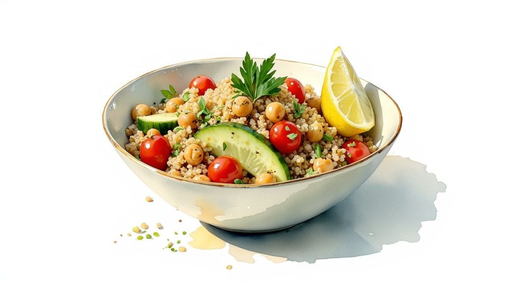 Healthy quinoa salad bowl with chickpeas, cucumber, cherry tomatoes, fresh herbs, and lemon wedge