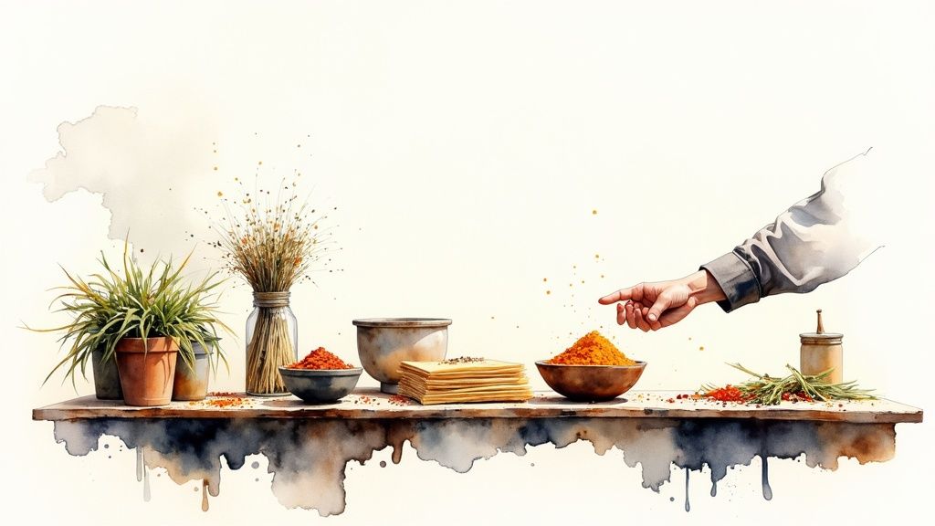 Watercolor of a hand reaching for orange spices on a wooden shelf with herbs, potted plant, and other spices.