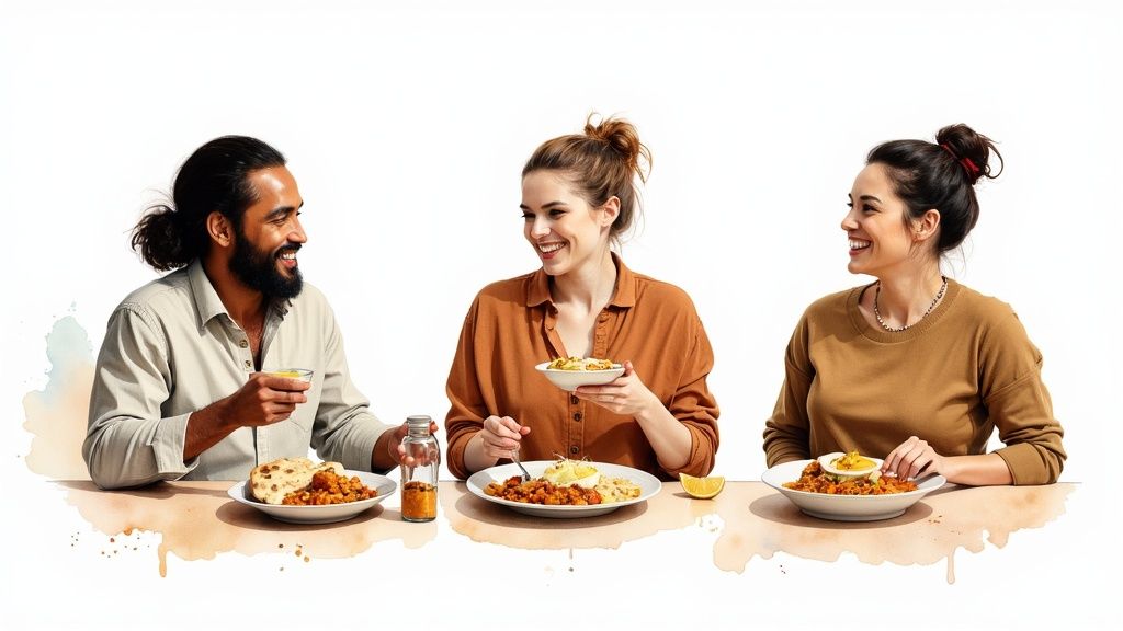 A vibrant spread of various Indian dishes including curries, naan bread, and rice.