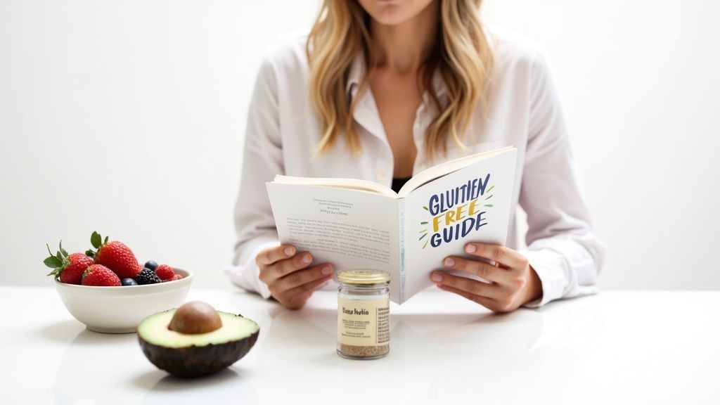 A woman reads a 'Gluten Free Guide' book, with berries, avocado, and seeds on a table.