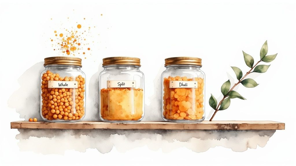 A display of urad dal in a grocery store.