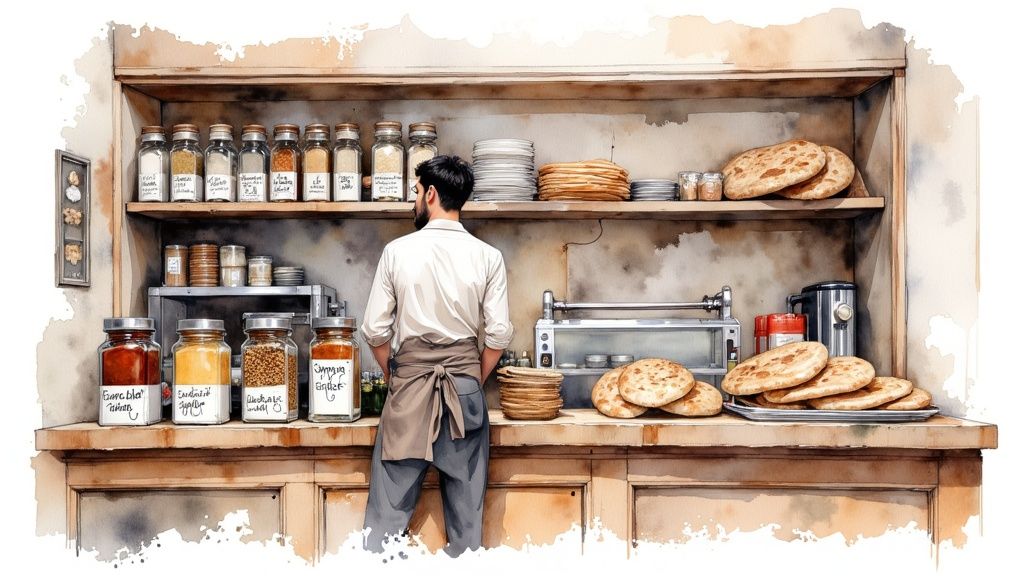 An aisle in an Arabic supermarket showcasing a wide variety of authentic products on shelves.