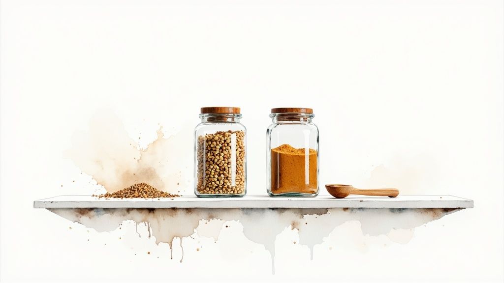 A person holding whole cumin seeds in their palm, with a small bowl of ground cumin nearby.