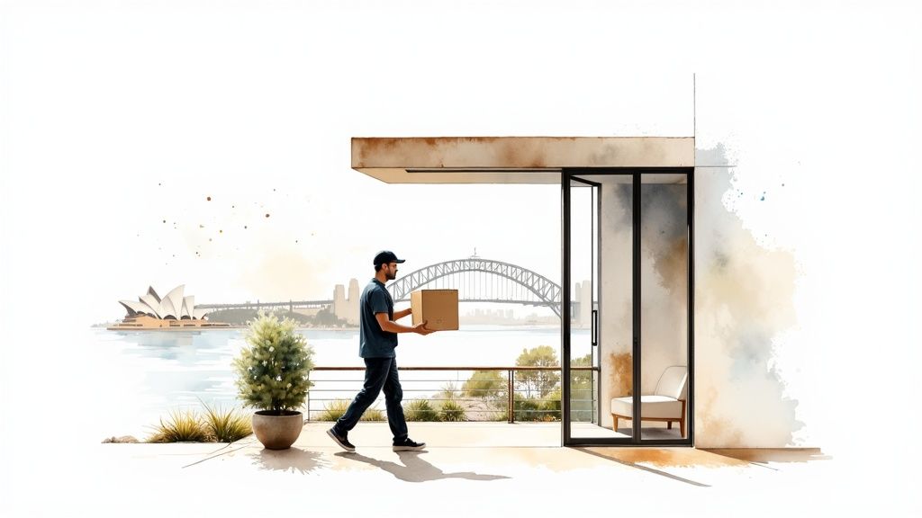 A delivery driver handing a box of ready meals to a customer in Sydney