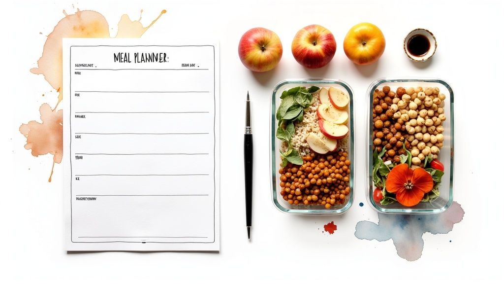 A meal planner sheet, pen, apples, and two glass containers with healthy food prep on a white background.