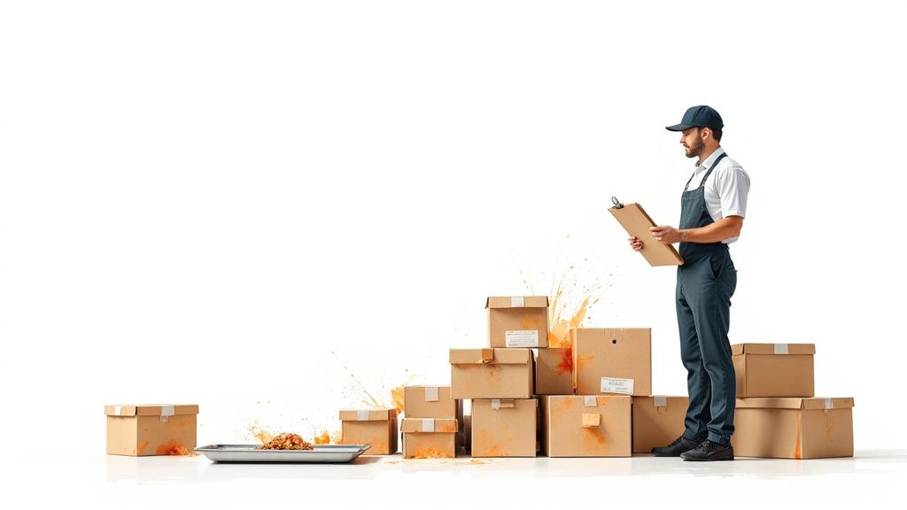 A person setting up a buffet of Indian catering dishes, focusing on presentation and organisation.