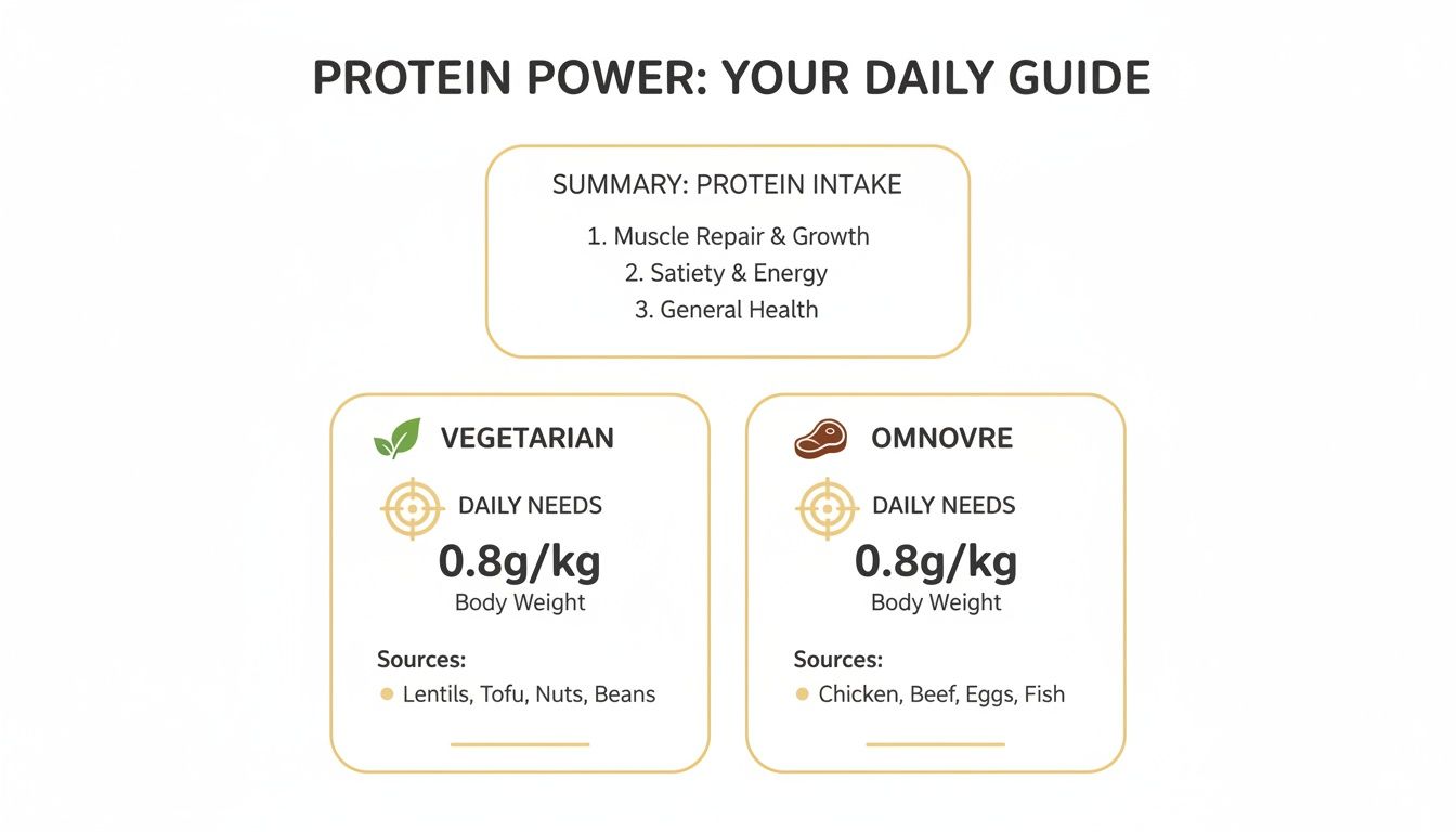 An infographic on protein intake guidelines, benefits, and daily needs for vegetarian and omnivore diets.