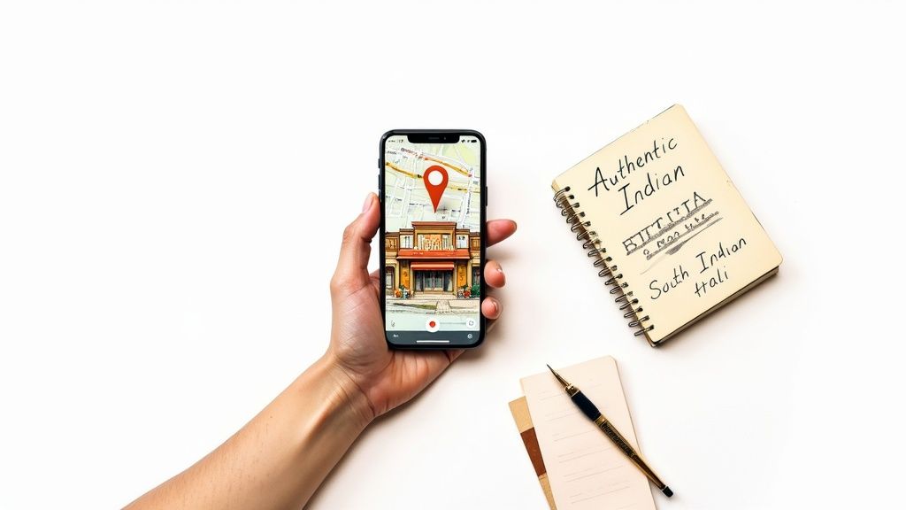A person using a smartphone to search for restaurants on a map application