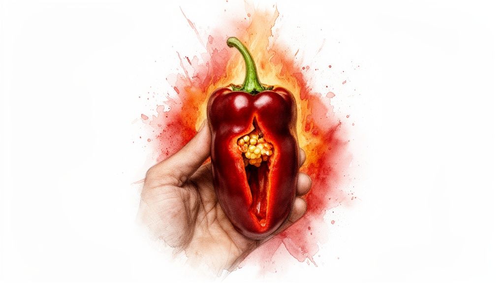 A hand holds a cut red bell pepper with visible seeds, surrounded by a fiery watercolor splash.