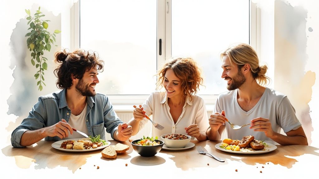 Three happy friends enjoy a healthy vegetarian meal together at a bright table.