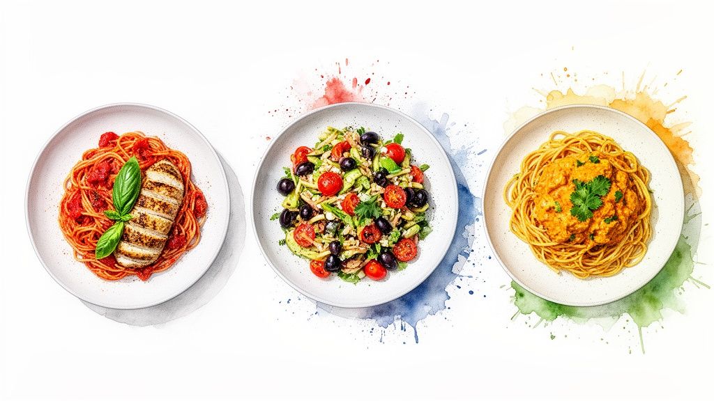 Three vibrant plates of pasta dishes: chicken spaghetti, Mediterranean pasta salad, and creamy pasta, on a white background with colorful splashes.