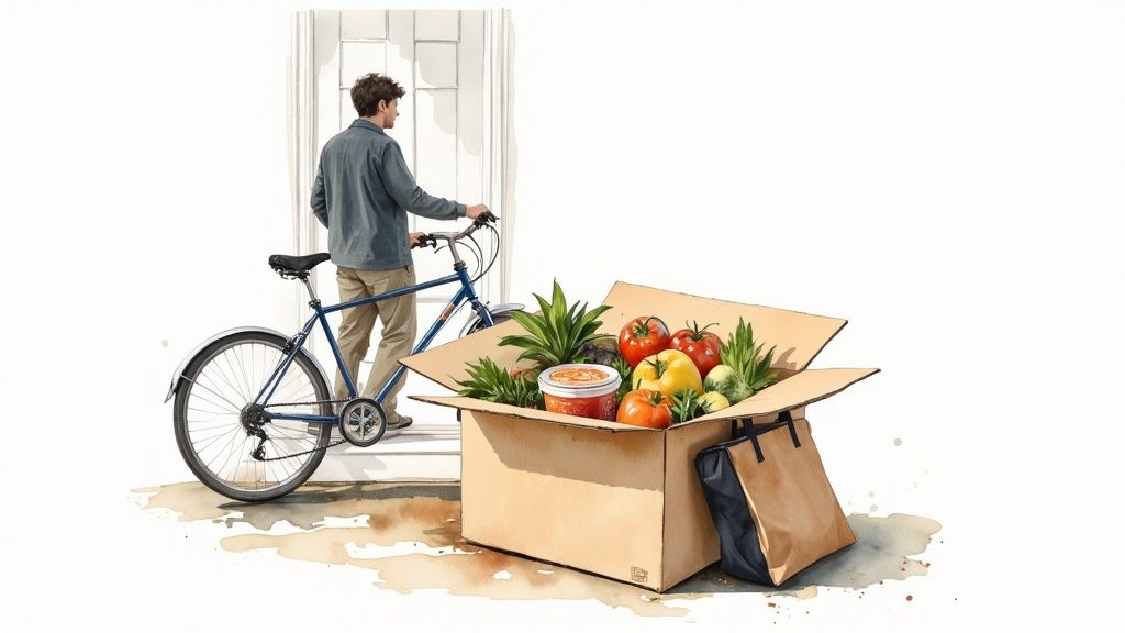 A man with a bicycle delivers a cardboard box filled with fresh organic fruits and vegetables.