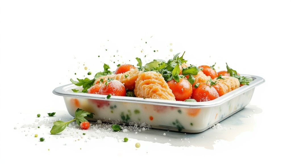 An overhead shot of various colourful frozen ready meals in containers.