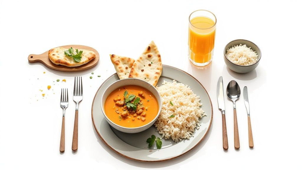 Several Indian dishes including naan bread, rice, and various curries arranged for a home dining experience.