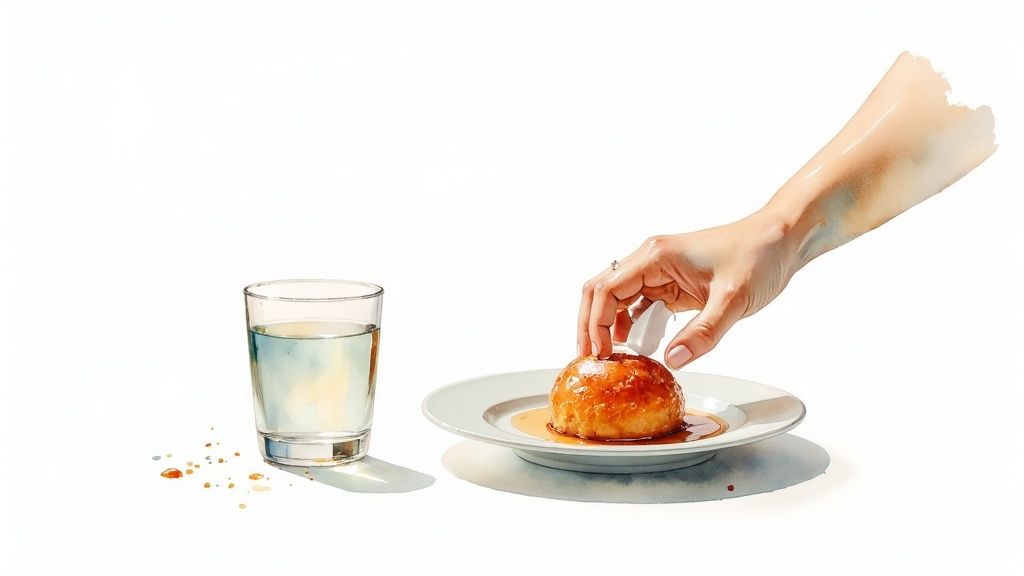 A watercolor painting shows a hand reaching for a syrupy gulab jamun next to a glass of water.