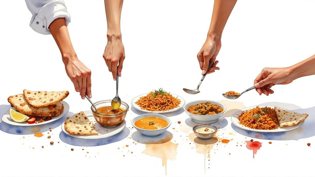 A colourful spread of Indian catering dishes, including curries, rice, and naan bread, arranged for an event.