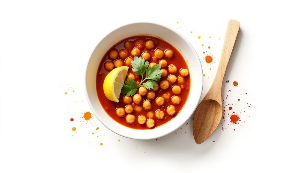 Delicious chickpea curry in a white bowl with lemon and parsley, served with a wooden spoon.