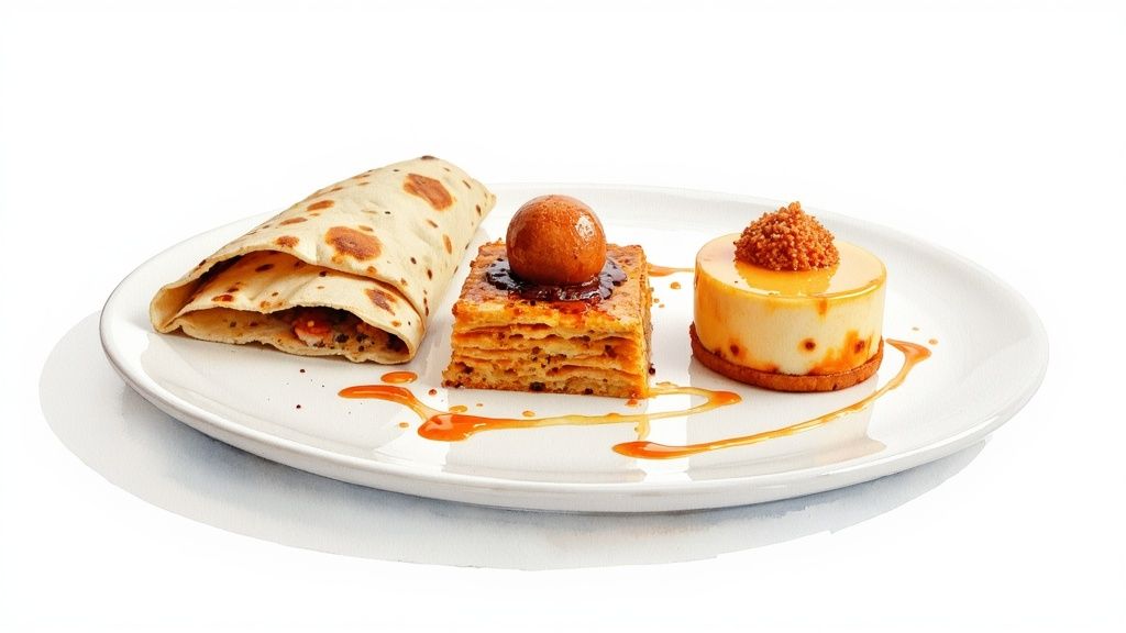 Person garnishing an Indian fusion dish with fresh herbs