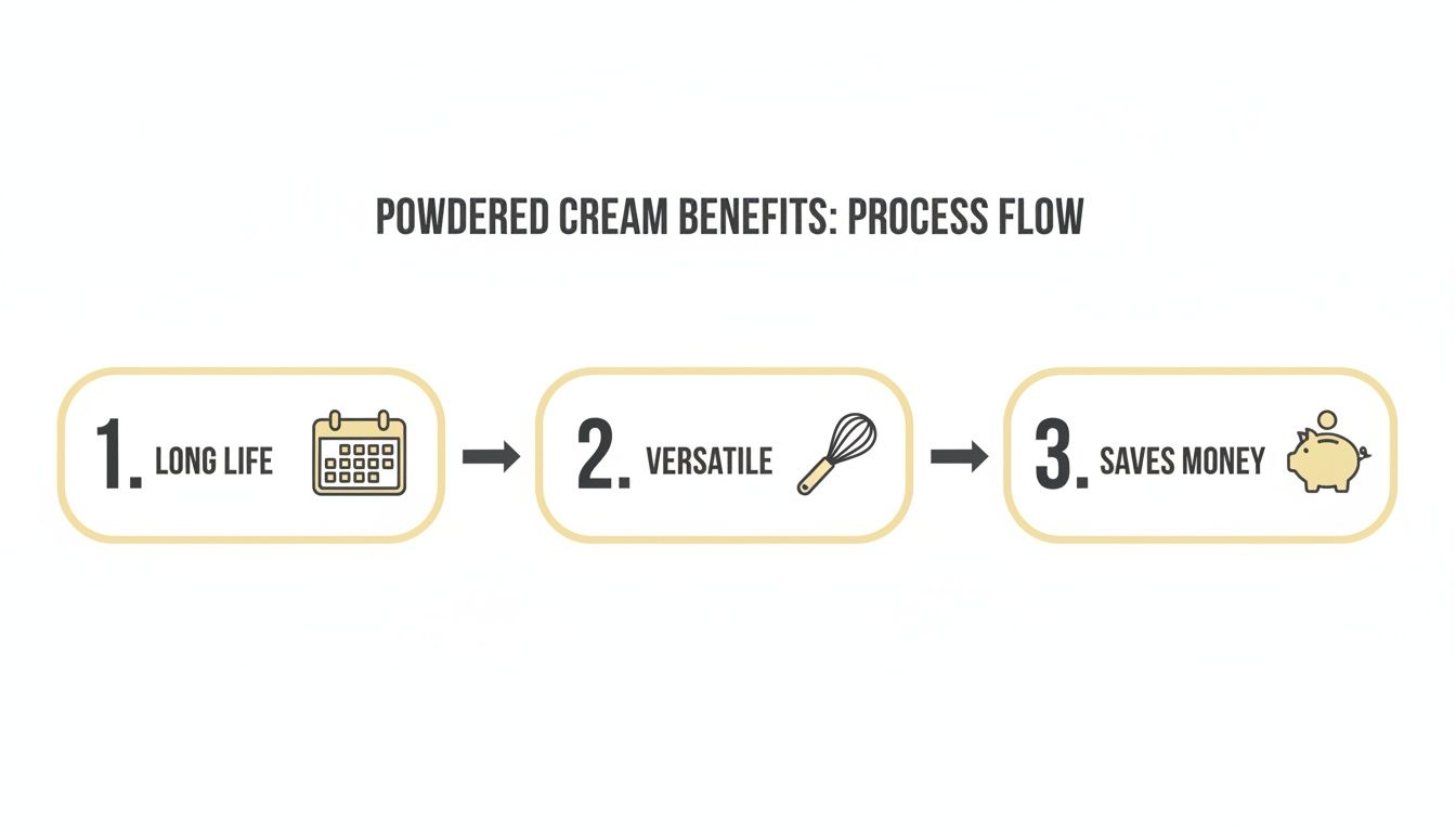Infographic displaying three key benefits of powdered cream: long life, versatility, and cost savings.