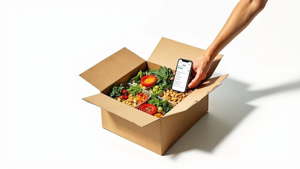 Hand placing smartphone into cardboard box filled with fresh vegetarian meal ingredients and salads