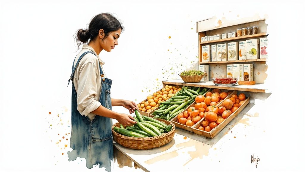 A woman in a denim apron organizes fresh green vegetables at a vibrant market stall, surrounded by various produce and packaged goods.
