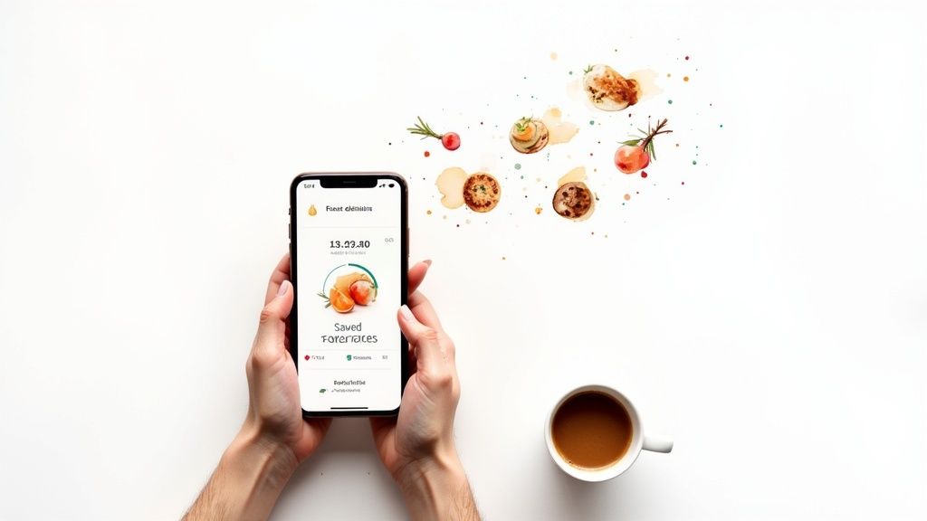 Hands hold a smartphone displaying a food tracking app next to watercolor food illustrations and a coffee cup.